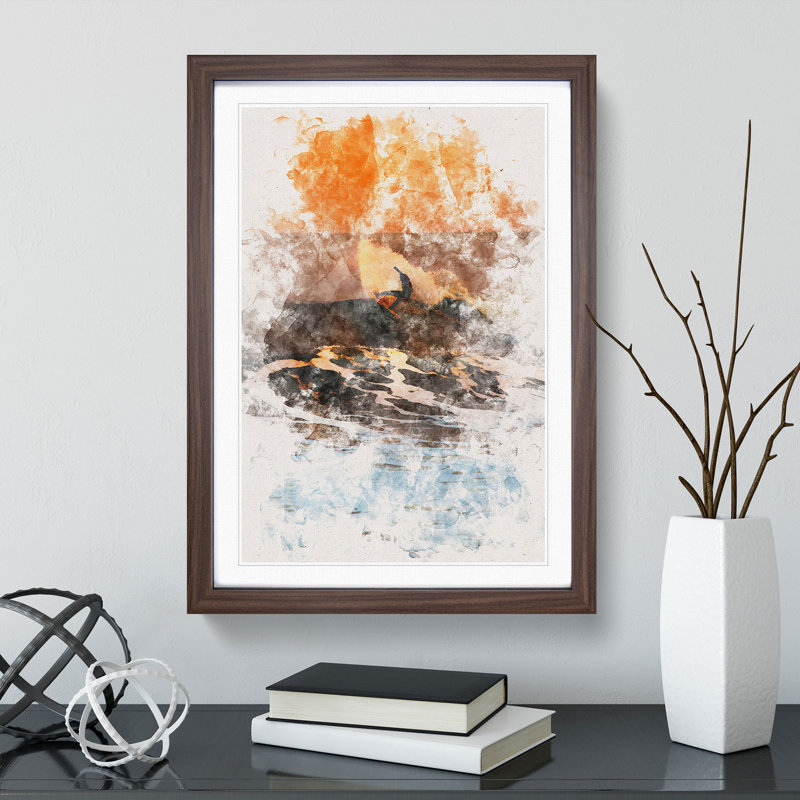Surfing as the Sun Sets - Picture Frame Painting Print, 33cm H x 24cm W x 2cm D, Walnut Framed