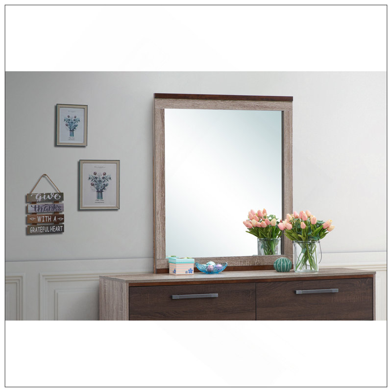 Miroir, gris / brun, grain de bois rustique bicolore, verre de haute qualité à faible distorsion pour des reflets clairs