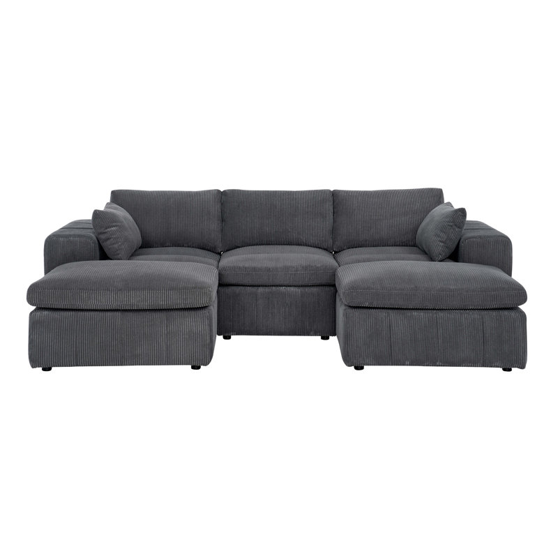 Large Arms Cordory Upholstered Modular Sectional With 2 Ottomans, Dark Gray Corduroy