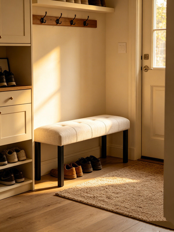 Banc de salle à manger rembourré en lin beige avec pieds en bois d'hévéa
