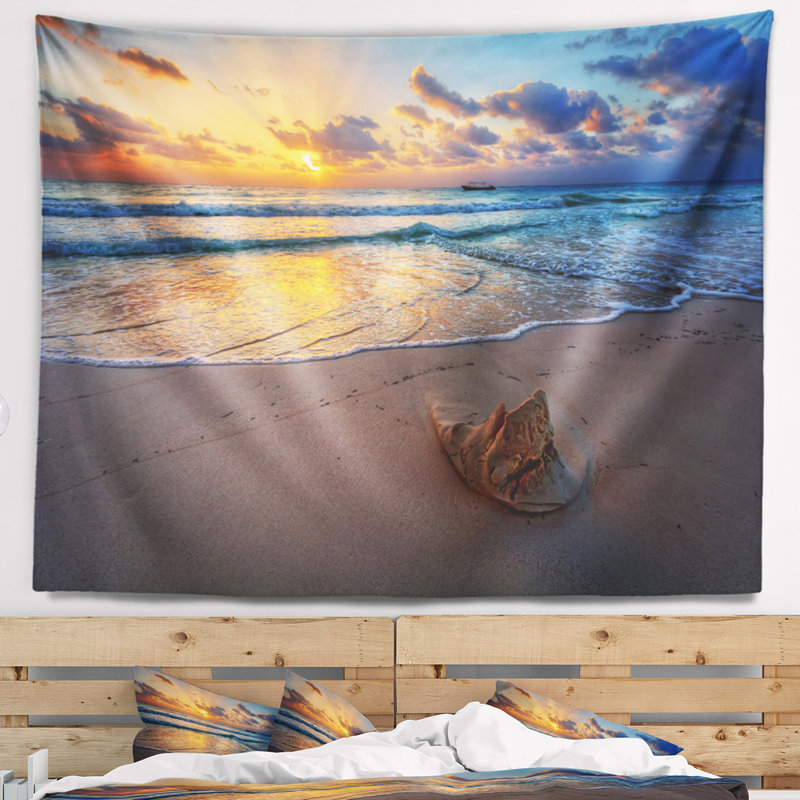 Tapisserie côtière tranquille au coucher du soleil, H 50 po x l 60 po