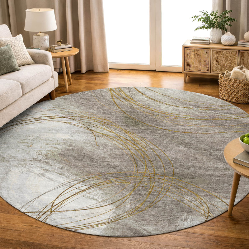 Premium Machine Washable Mayfield AMF2396 Abstract Rug, 8' Round, Khaki