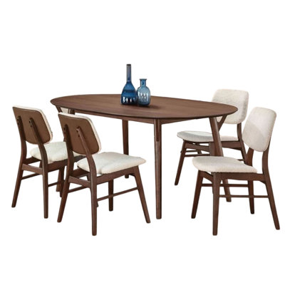 Lexy 5Pc Dining Table And 4 Chair Set, Beige Boucle Seats, Walnut Brown