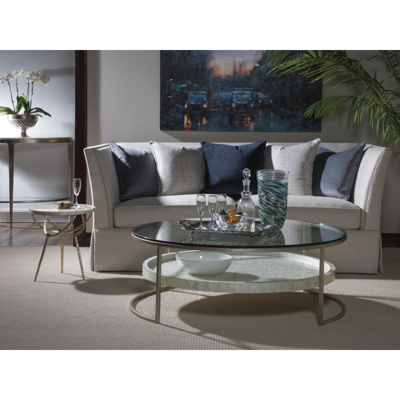 Modern Silver-White Round Glass Cocktail Table with Capiz Starburst