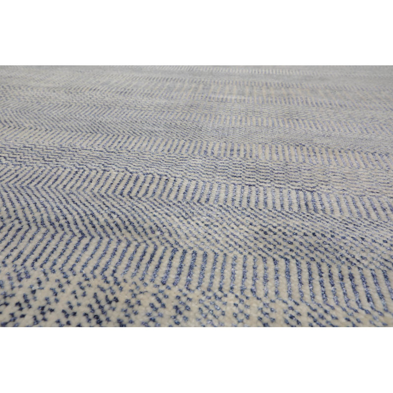 Tapis en laine et soie noués à la main ivoire / bleu, Rectangle 9 pi x 12 pi