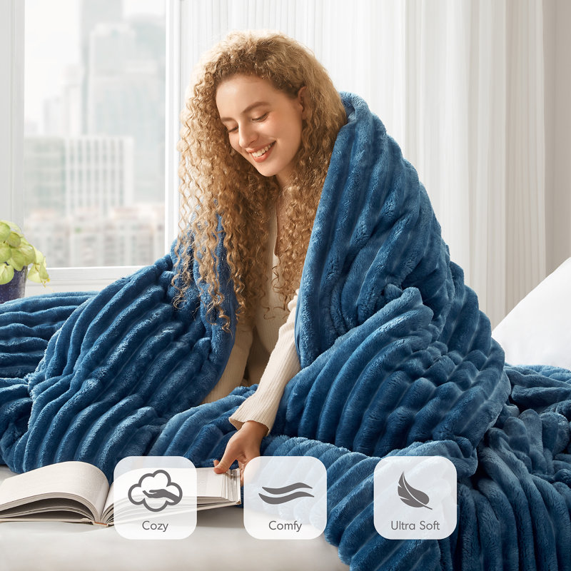 Avril Fluffy Ribbed Plush Comforter Set, Blue, King Comforter + 2 King Shams