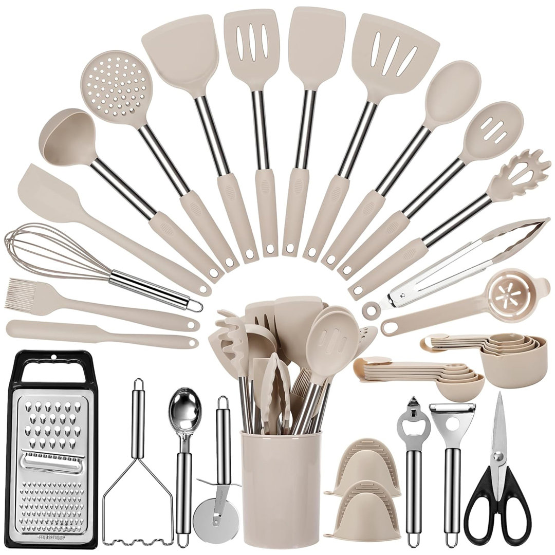 35 Pcs Silicone Cooking Utensil Set,stainless Steel Kitchen Utensils Set,non-stick Heat Resistant,khaki DGPCT