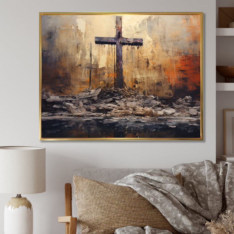 Minimalisme, croix religieuse, H 30 po x l 40 po x P 1,5 po, Cadre flottant doré