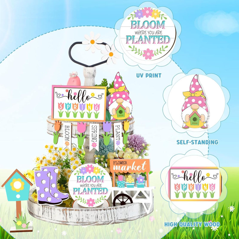 Kalojan 12 Pcs Spring Tiered Tray Decor Wooden Gnomes Flowers Plants Tabletop Trays Signs Spring Summer Fall Tiered Tray Items For Home Farmhouse Rustic Kitchen Decorations (Spring)