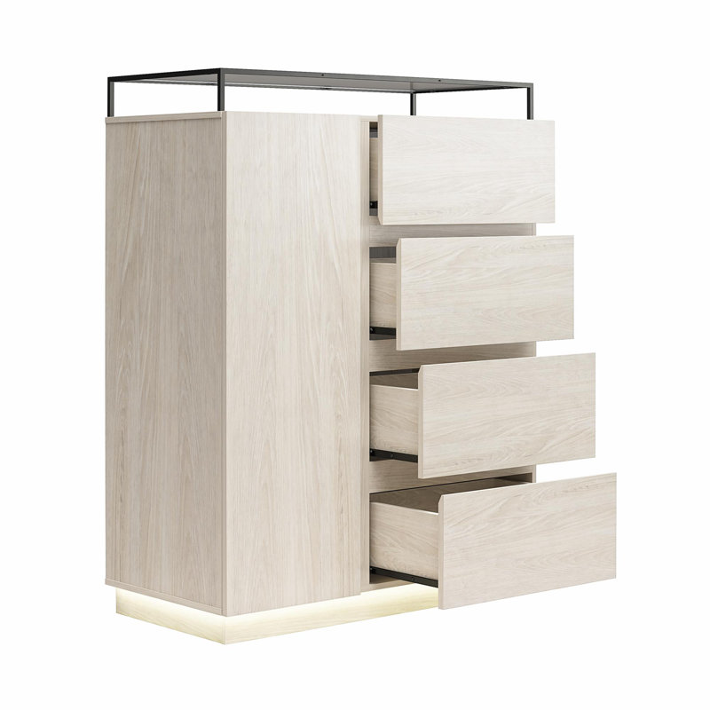 Tickhill 4-Drawer Dresser with Door, LED Lights and Glass Top, Eden Ash