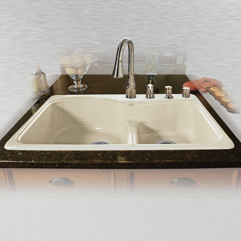 Windansea 33'' L Double Bowl Cast Iron Kitchen Sink, Biscuit