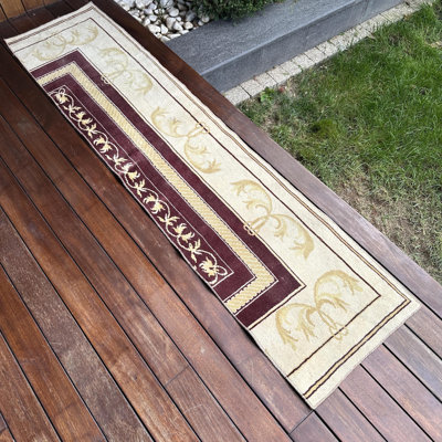 Tapis turc tissé à la main en mauve pour la cuisine et les escaliers avec un design minimaliste moderne fabriqué en pure laine