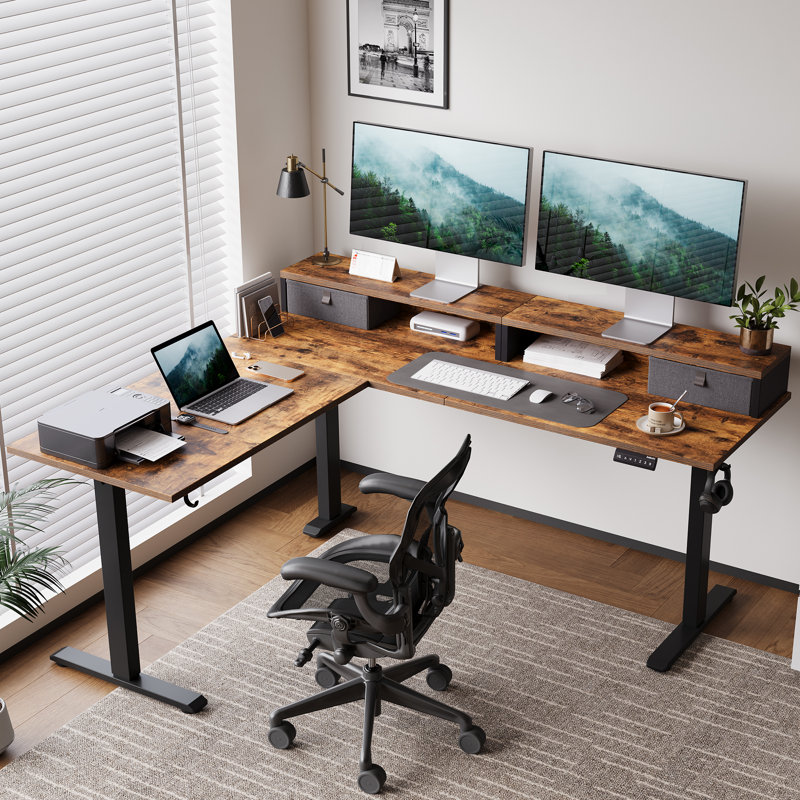 63" L Shaped Electric Standing Desk With 2 Drawers,Ergonomic Corner Height Adjustable Desk, Sit-Stand Computer Table with Storage for Home & Office