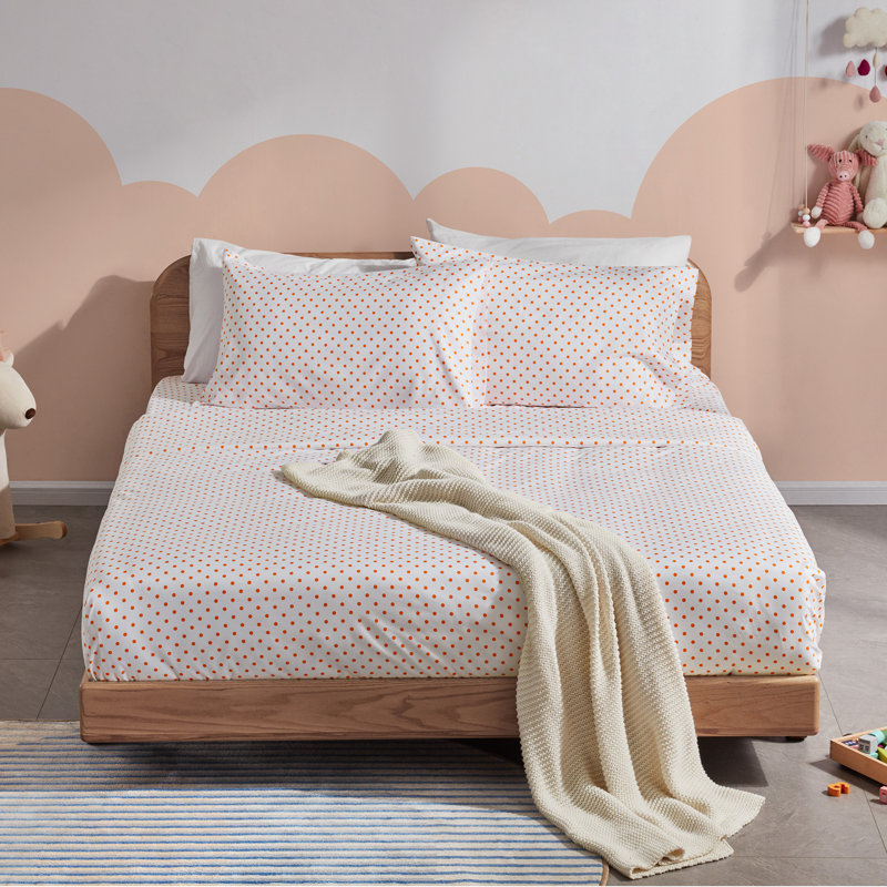Microfiber Polka Dots Fitted Sheet, White/Orange, Twin Sheet Set + 1 Fitted Sheet + 1 Pillowcase