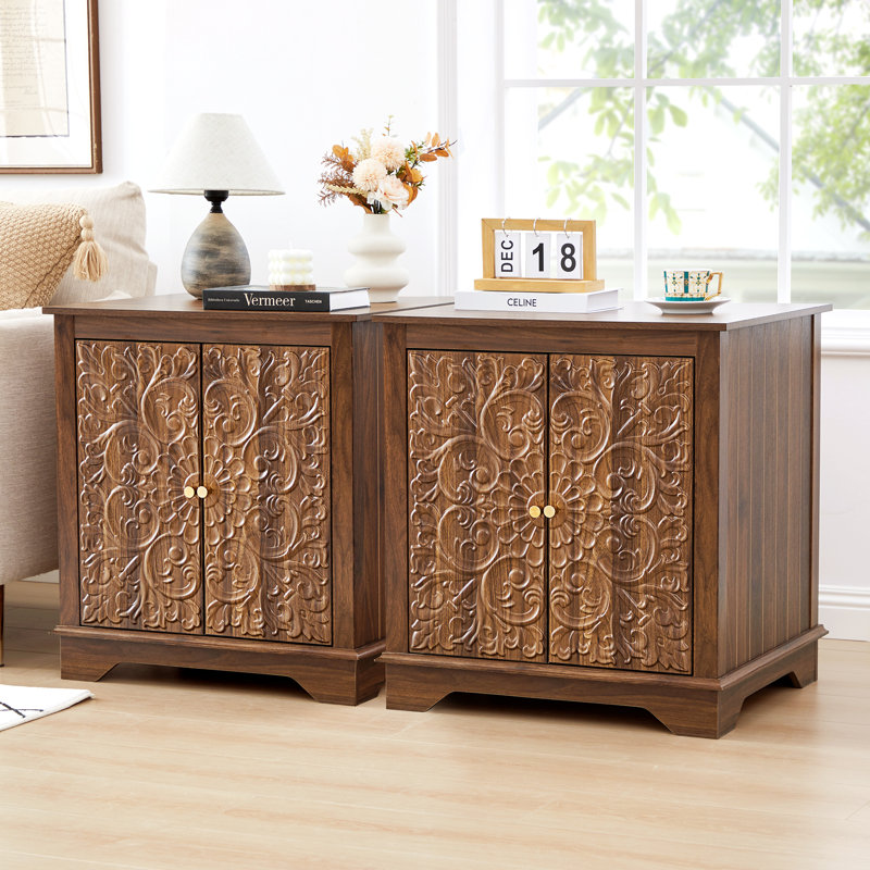 Farmhouse 25.59'' Tall Embossed Side Table Cabinet, Walnut