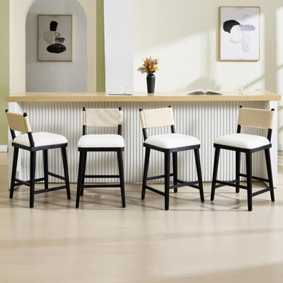 26” Counter Height Farmhouse Barstools, Sherpa & Linen Upholstered With Solid Wood Frame