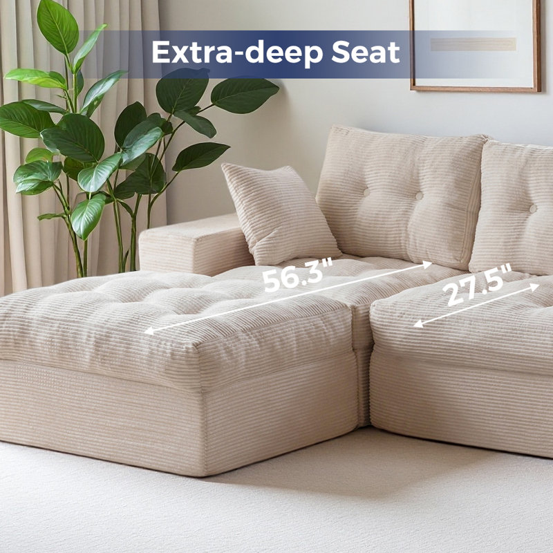 104"Cloud Modular Sectional Sofa,No Assembly Required Boneless Couch, Beige Corduroy
