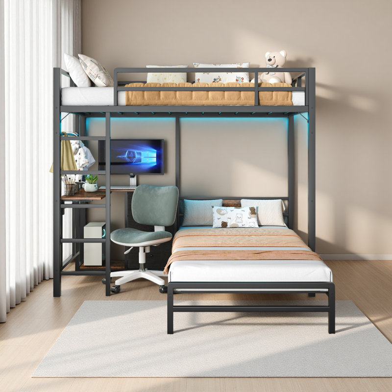 Bunk Bed With Folding Table, 3 Storage Drawers, Made Of Metal, Suitable For A Single Bed, Equipped With LED Lights And Charging Stations