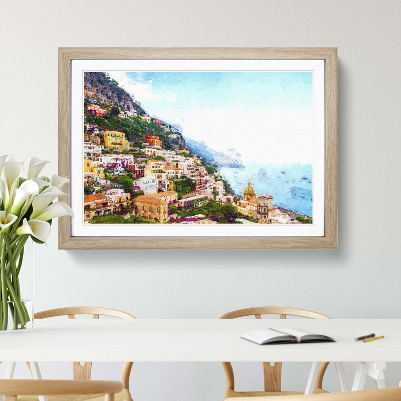 Positano on the Almalfi Coast in Italy - Picture Frame Painting Print on MDF, 48cm H x 65cm W x 2cm D, Oak Framed