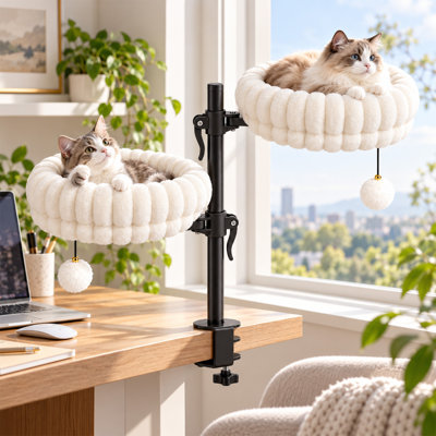 Cat Desk Hammock Bed, 2 Removable Plush Beds with Hanging Balls, Clamp On Cat Perch for Desk & Windowsill, 360° Rotatable Height Adjustable, Holds Up to 24 lbs for Indoor Cats