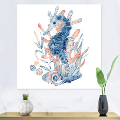 22_Hippocampe en bleu avec composition florale - impression sur toile nautique et côtière