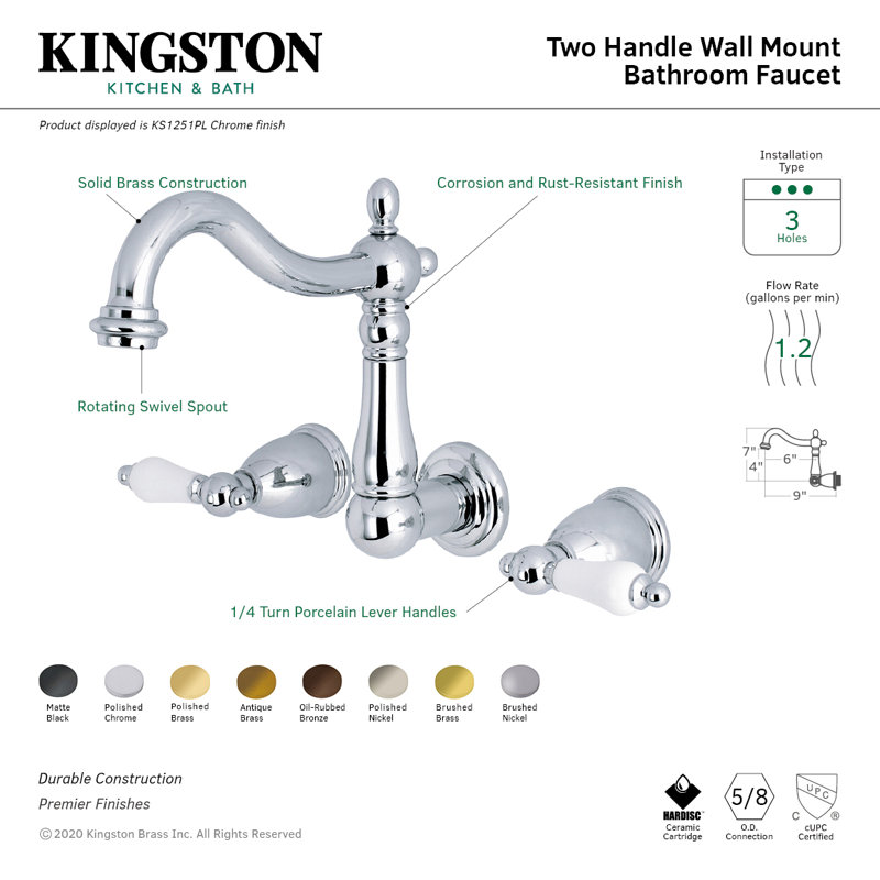 Robinet de salle de bain mural à 3 trous Kingston Brass Heritage, Chrome poli
