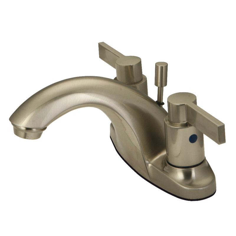 Kingston Brass NuvoFusion Two-Handle 3-Hole Deck Mount 4" Centerset Bathroom Faucet with Plastic Pop-Up, Brushed Nickel