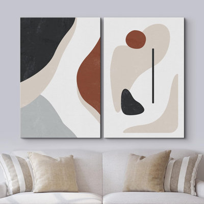Motif Mid-Century brun, noir et gris, motifs abstraits de style Mid-Century moderne, détente / calme sur toile, 2 pièces