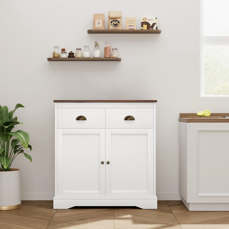 Farmhouse White Buffet Cabinet With Storage – Kitchen Sideboard Featuring 2 Doors And 2 Drawers, Wooden Coffee Bar Cabinet With Shelves For Dining Room And Living Room