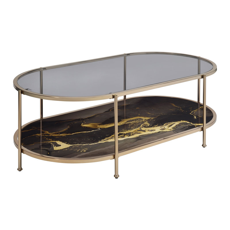Table basse, verre, peinture marbrée noire et finition dorée