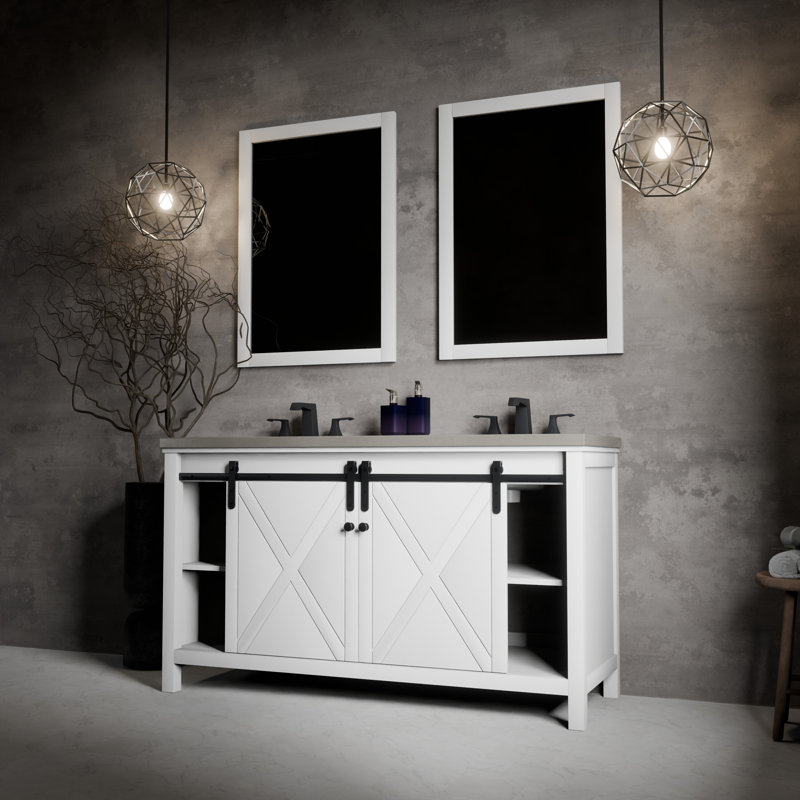 Ensemble de meuble-lavabo double l 60 po x P 22 po avec robinet Marsyas, Blanc, Quartz gris
