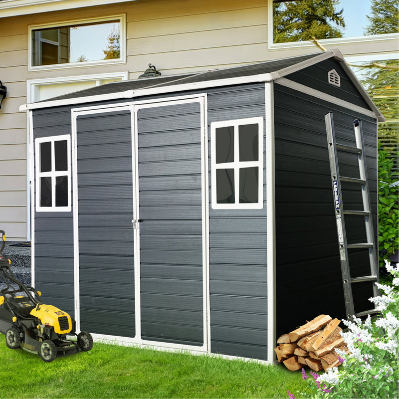 Remise imperméable en résine 8 x 6 pi - avec deux fenêtres, porte et plancher verrouillables pour la cour extérieure noire avec porte, rangement pour fenêtres
