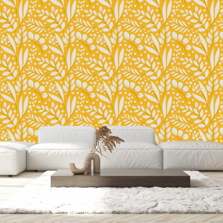 Yellow Wallpaper With Leaves Peel & Stick Floral Tile
