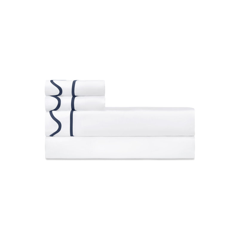 Amalfi Sateen Sheet Set, White/Navy Blue, Queen Sheet Set