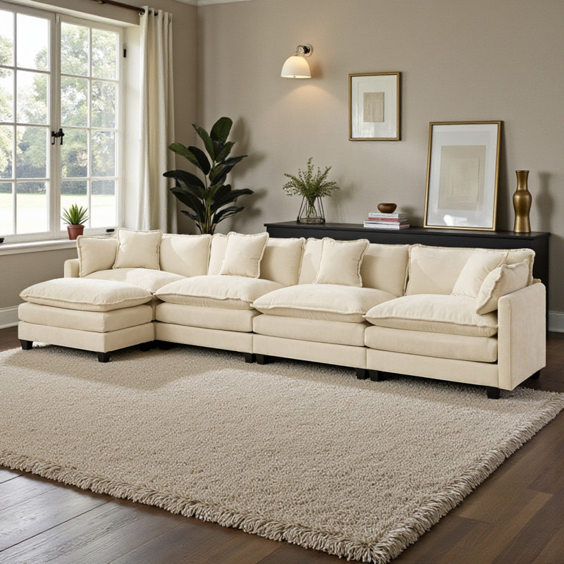 Geneveve 150"W Chenille Upholstered Sofa With Ottoman, 6 Compressed Pillows & Compressed Foam Cushions, Beige