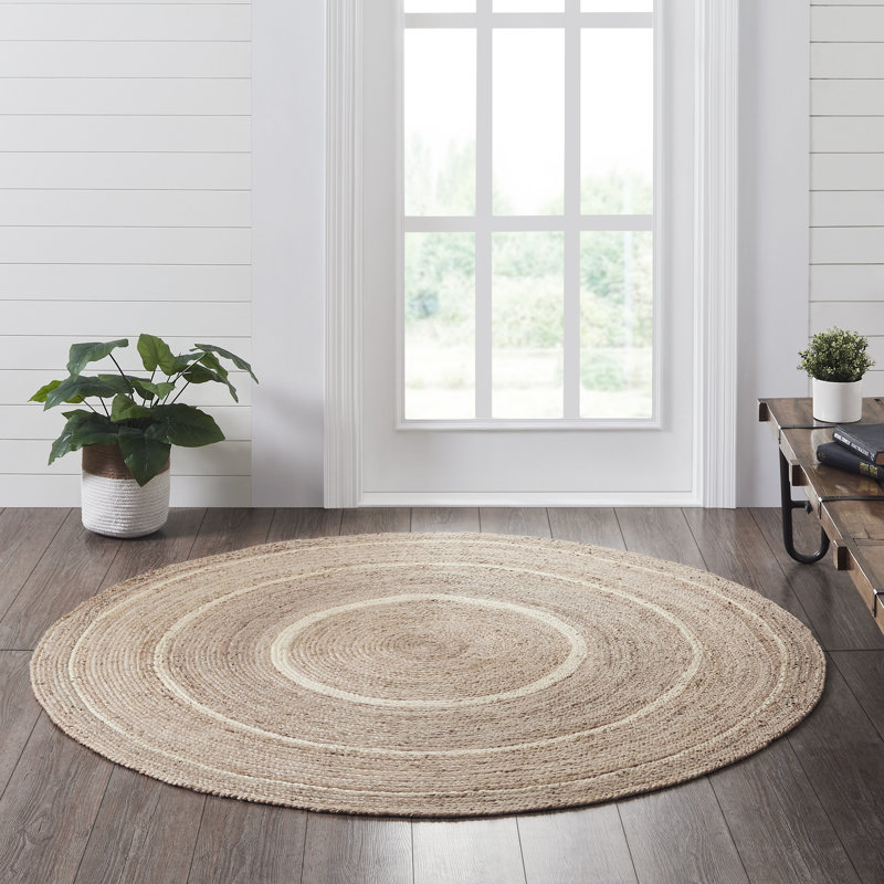 Festive Finds Mulinix Geometric Machine Made Braided Jute/Cotton/Acrylic Area Rug in Natural Cream, Round 6'"