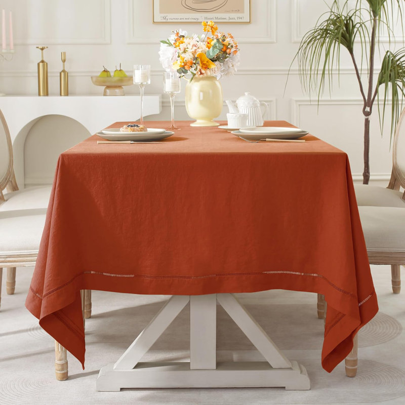 Plateau de table / nappe en lin naturel français avec bordure en point ajouré, Rouge
