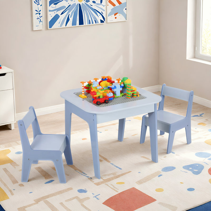 Wooden 4 In 1 Kids Table And 2 Chairs With Storage Drawers & 2 Removable Tabletops,Compatible With Lego And Duplo Bricks
