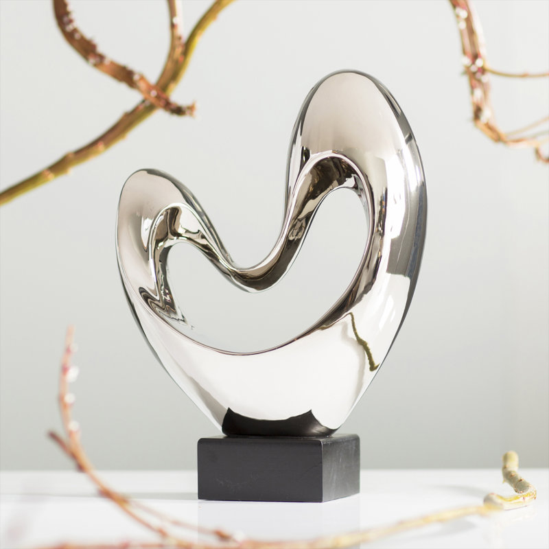 Polystone Heart Abstract Decorative Sculpture with Black Base, Glossy Silver