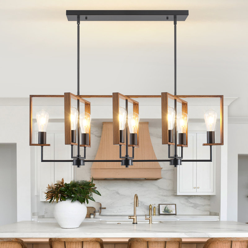 Luminaire suspendu en métal pour îlot de cuisine 8 lumières Kubis, Noir mat