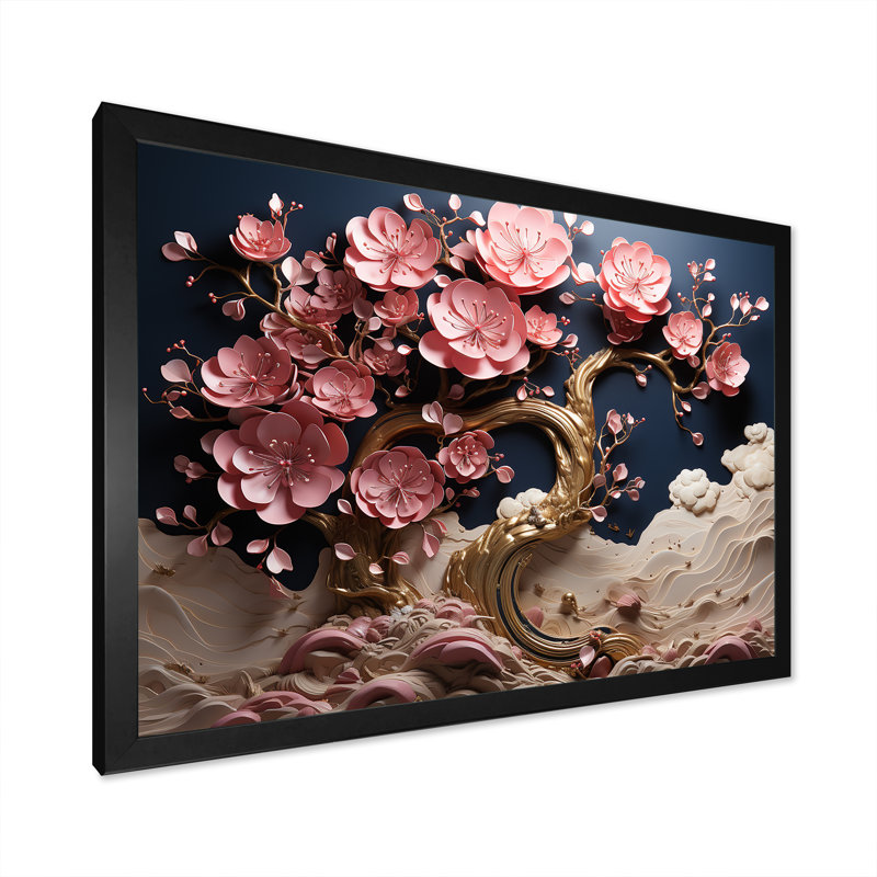 Orchidée bleue et rose, branches d'arbre I - art mural arbre, Cadre d'angle fermé noir, H 16 po x l 32 po x P 1 po