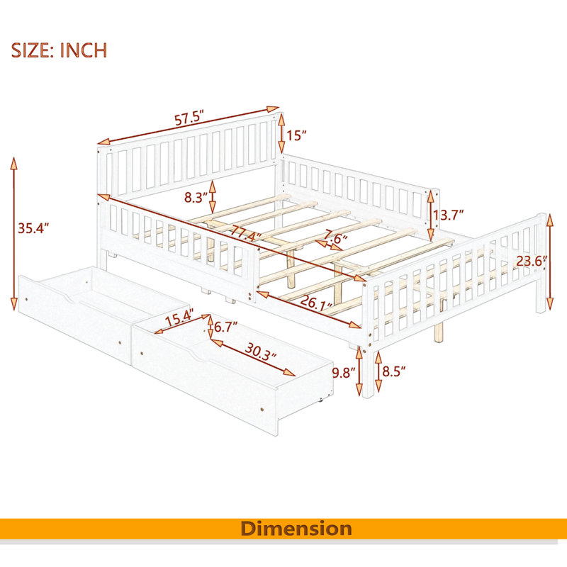 Lit plateforme double en bois avec garde-corps des deux côtés et deux tiroirs de rangement, Gris