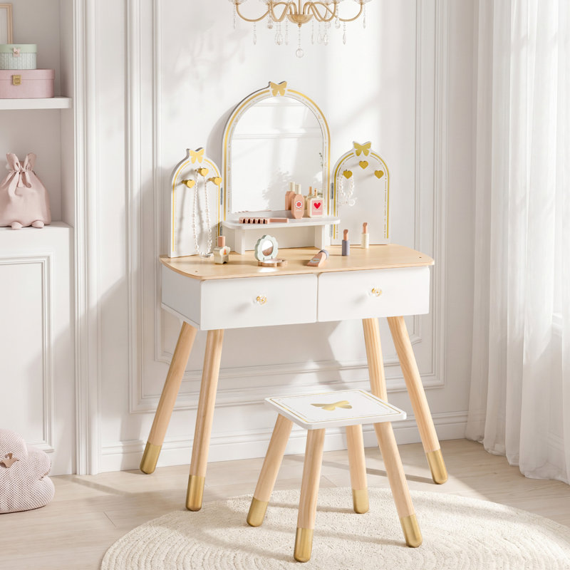 Coiffeuse et tabouret de maquillage pour enfants 2 pièces, Blanc