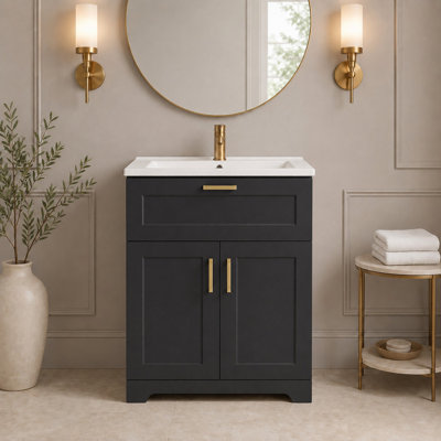 Meuble-lavabo de 76 cm (30 po) avec lavabo en céramique, rangement dissimulé et étagères réglables (sans robinetterie) - Noir
