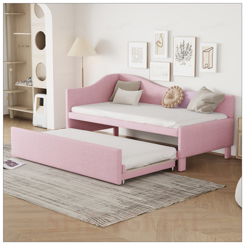 Lit de jour simple en L rembourré en forme de L avec lit gigogne escamotable, design élégant et polyvalent, Rose