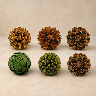 Handmade Preserved Topiary Balls, Decorative Botanical Bowl Filler in Brown & Green, Set of 6
