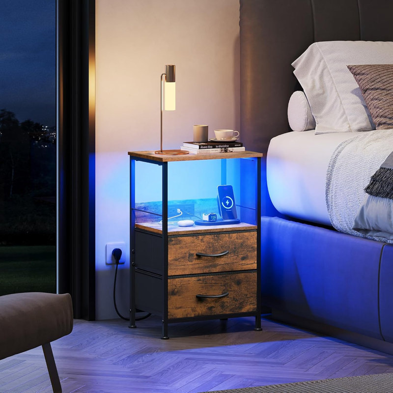 Gwytha Nightstand with Charging Station and LED Lights, Bedside Table with Drawers & Storage Shelves, LED End Table With Storage