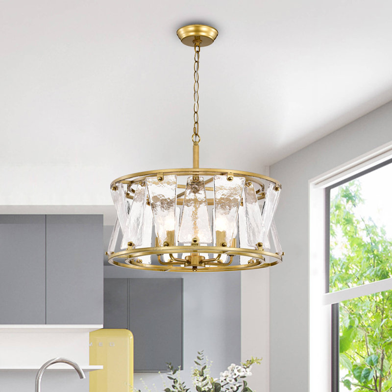 Laia Modern 5-Light Brushed Brass Water Textured Glass Drum Round Chandelier