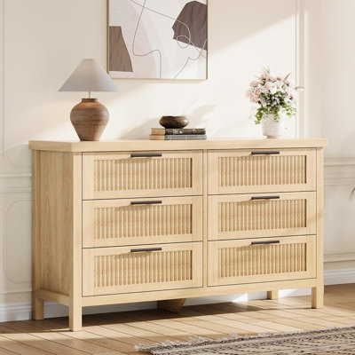 Fluted 6 Drawer Dresser for Bedroom, 47.4'' Wide Mid Century Modern Chest of Drawers, Wooden Dresser Chest with Clothes Storage Cabinet, Large Drawer