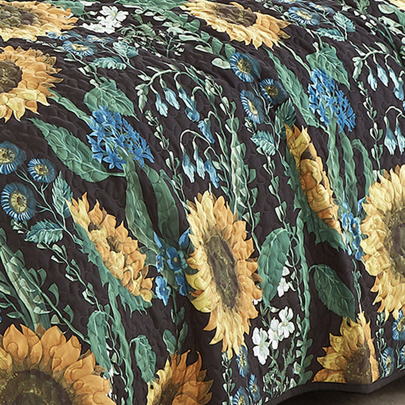 Sunny Floral Black and Yellow Queen Bedspread Set